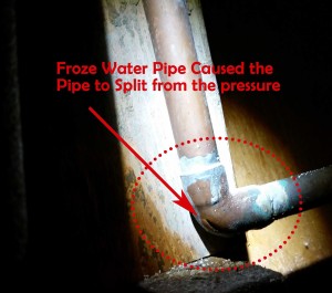 frozen and burst copper water pipe in attic